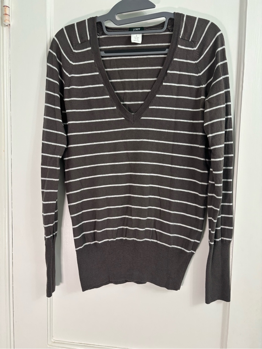 J. Crew Charcoal V-Neck Sweater with White Stripes